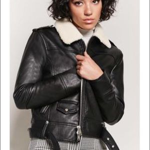 Leather shearling collar black jacket